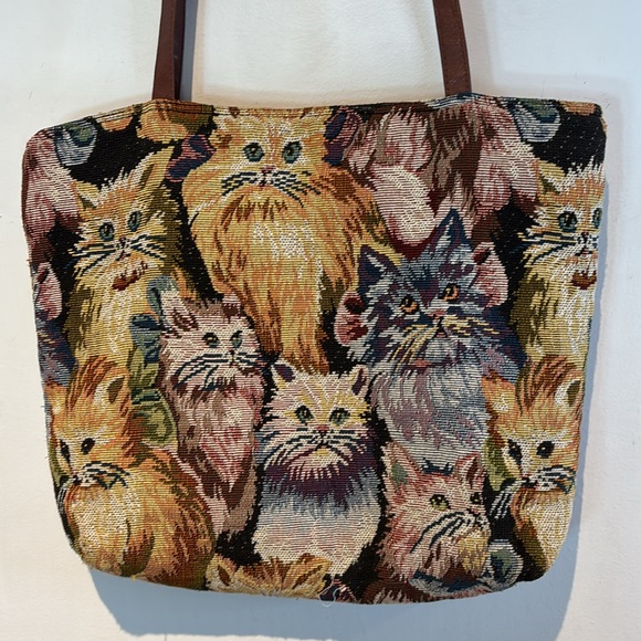 Handbags - Vintage Cat tapestry zip top tote bag purse